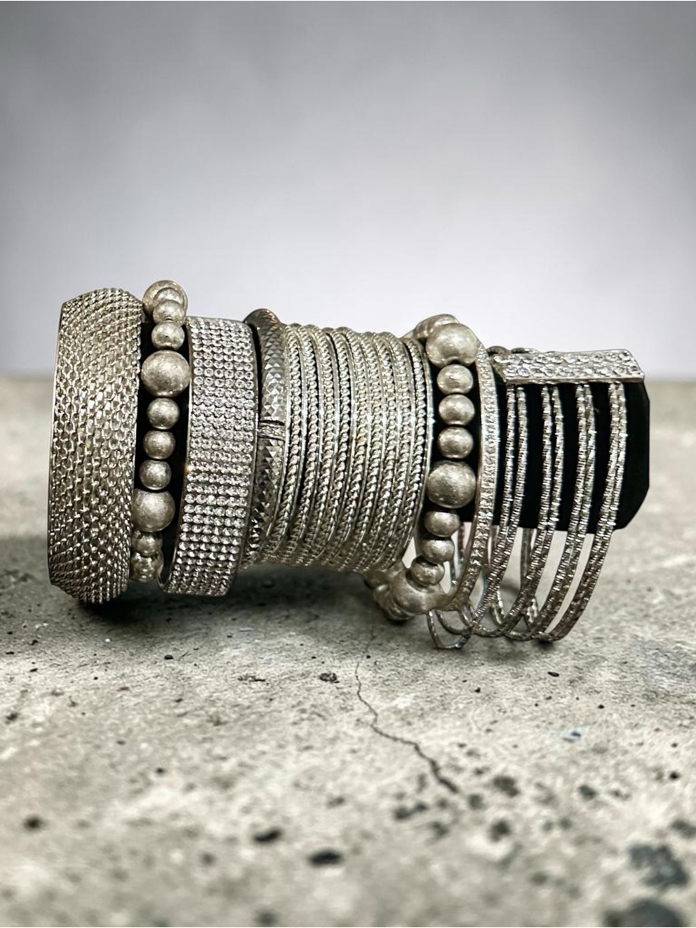 Vintage Silver Tone Bangle Bracelet Stack Set Mixed Metal Rhinestone Boho Cuff